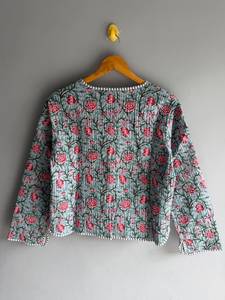 Floral Quilted Cotton Jacket V Neck Three Quarter Sleeve Prairie Chic Open Stitch Design Patch Pockets Spring Wear gift for her - Product Image 2