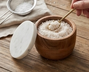 Round Wooden Salt And Sugar With Marble Lid And Brass Spoon Herb & Spice Tool Durable Finish For Elegant Restaurant <b>Dining</b> - Product Image 2