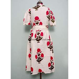 Robe midi pour femme 100 % coton, très vendue, écologique, lavable, nettoyage à sec, respirante, boutonnée au dos, imprimée, col en V, manches courtes - Product Image 6