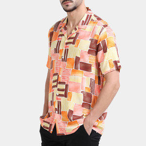 Chemise décontractée à manches courtes pour homme, imprimé géométrique, col rabattu, tissage estival, popeline à motifs, coupe classique - Product Image 3
