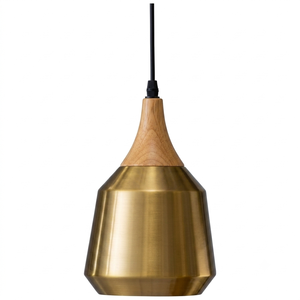 Gold Brass Pendant <b>Light</b> With Wood Shade E27 <b>LED</b> Indoor Ceiling Fixture <b>Small</b> Bell Shape Mounted Design - Product Image 1