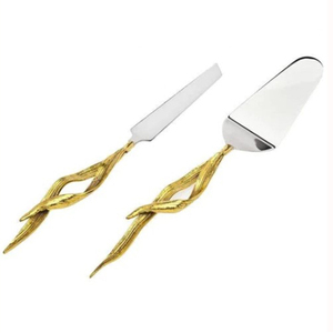 Ensemble de 2 couverts et ustensiles de service à gâteau en acier miroir, dernière arrivée, avec manche en feuille d'or, pour la décoration de gâteaux de mariage, finition brillante - Product Image 1