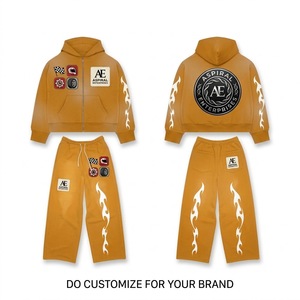 Custom Designed Hooded Cotton Tracksuit Premium Breathable Eco-Friendly Hoodie Wide Leg Pants Set Personalized Logo <b>Patches</b> - Product Image 1