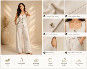 Ensemble 2 pièces de luxe personnalisé pour femme en lin, décontracté, avec gilet à col carré et pantalon taille haute à jambes larges, couleur unie, pour usage quotidien - Product Image 3