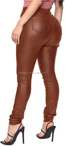 Prêt de stock personnalisé femmes crayon pantalon marron en cuir PU taille haute fermeture éclair braguette avec poches plaquées pour fête style porter - Product Image 6