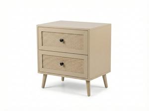 Table d'appoint moderne et écologique à 2 tiroirs, 5+ compartiments, en bois d'hévéa, MDF, placage de chêne et détails en rotin. Table de rangement pour salon - Product Image 3