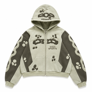 Custom Cream Olive Two-Tone Applique Embroidered Cropped Full <b>Zip</b> Streetwear Fleece Hoodie - Product Image 1
