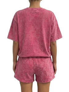 Conjunto de 2 piezas lavado para mujer: Top de manga corta regular y shorts con cintura elástica y cordón, estilo vintage sólido, ropa casual de calle. - Product Image 2
