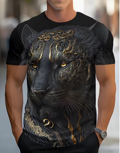 Men s O Neck Short Sleeve Printed T Shirt Black Panther Design Gold Pattern Casual Slim Fit Breathable Front Logo <b>Light</b> weight - Product Image 2