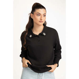 Suéter Polo Negro de Punto con Cuello de Flores, Estilo Casual Holgado para Otoño - Product Image 1