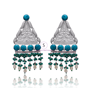 Nouvelle Arrivée 2026 Boucles d'oreilles Jhumkaa de créateur en argent oxydé, longues, triangulaires, avec pierres bleues, pour femmes et jeunes filles, pour mariage et fête - Product Image 4