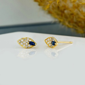 Diamond Feather <b>Stud</b> Earrings 14K Gold Lab Grown Sapphire <b>Emerald</b> Earrings for Women Solid Gold Unique Jewelry Elegant Style - Product Image 4