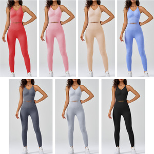Women's Solid Color Halter Neck Short Sporty <b>Knitted</b> <b>Tank</b> <b>Top</b> Set High Waist Leggings Breathable Fit for Yoga and Fitness - Product Image 6