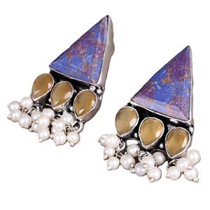 Boucles d'oreilles pendantes vintage en argent oxydé, style bohème ethnique tribal, avec onyx, accents dorés et breloques perles, pour femme, idéales pour les fiançailles - Product Image 4