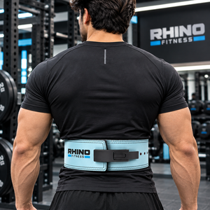 Ceinture de soutien lombaire ajustable en cuir bleu clair Rhino Fitness pour la protection professionnelle et la compression de la taille en salle de sport - Product Image 3