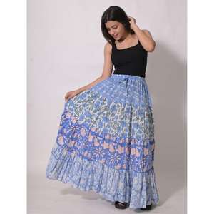 กระโปรงแม็กซี่ผ้าฝ้ายพิมพ์ลายดอกไม้แบบโบฮีเมียนจีบระบาย ดีไซน์แบบแพทช์เวิร์ค ซักได้ ทำด้วยมือ สไตล์อินเดีย - Product Image 6