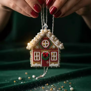Ornement de Noël rectangulaire perlé de haute qualité, maison de vacances faite à la main, décoration de chalet pour les fêtes - Product Image 1