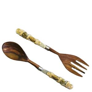Juego de servidor de ensalada de madera y acero con cuentas y utensilios de servicio decorativos de trabajo de alambre para ensalada, pasta, presentación de mesa de comedor - Product Image 2