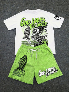 Ensemble streetwear pour homme God Loves World, t-shirt blanc, short rouge, col rond uni, 100% coton, respirant, séchage rapide, vêtements d'été - Product Image 2