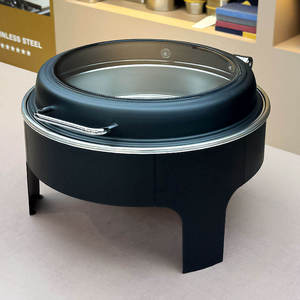 Round Visual Chafing Dish Stainless Steel <b>Buffet</b> Warmer with Glass Lid Ornate Gold Pillar Food <b>Server</b> Hotel Catering - Product Image 2