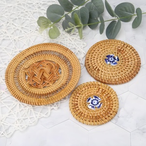 Rattan <b>trivet</b> for teacups natural hand weave coaster combo wood coasters for drink cup holder - Product Image 4