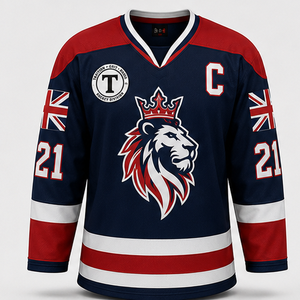 Camiseta de Hockey sobre Hielo para Hombre, Manga Larga, Cuello en V, Impresión Sublimada, Absorbe la Humedad, 100% Poliéster, Antibacteriana, Equipo 21, Bandera Británica - Product Image 1