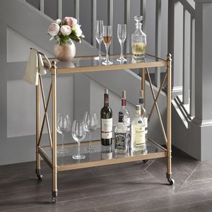 Elegant Multi Tier Iron Bar Cart with Gold Finish Glass Shelves Rolling <b>Serving</b> <b>Trolley</b> Home Kitchen Dining Room Storage Display - Product Image 5