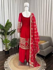 Conjunto de Kurti Rojo Bordado, Ropa Pakistaní e India para Mujer, Kurta, Pantalón, Dupatta, Ropa de Fiesta - Product Image 3