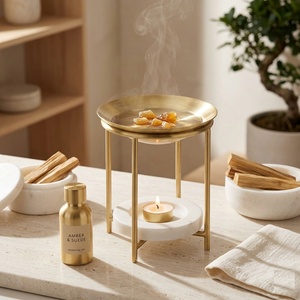 Brass and White Marble Oil Burner Elegant Design for <b>Scented</b> Oil and <b>Tea</b> <b>Light</b> Candle Aromatherapy Diffuser for Home Decor - Product Image 2
