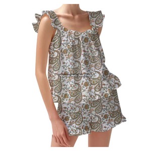 100% Cotton Long Comfy Shorts Pajama Set Soft Dress Spring/Summer Floral Fitted Strappy Ruffle <b>Trim</b> Sleeves PJ Set - Product Image 6