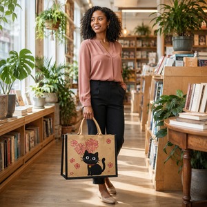 Custom Printed Jute Rope Handle Shopping Tote <b>Bag</b> Reusable Gift <b>Carry</b> <b>Bag</b> Floral <b>Cat</b> Pattern for Daily Grocery Use - Product Image 6
