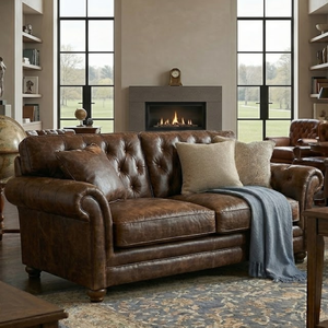 Traditional Genuine Leather Chesterfield Couch with Deep Tufting Rich <b>Brown</b> Finish for Luxury Home Style Chesterfield Couch - Product Image 2