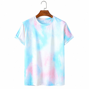 Camiseta de Manga Corta con Cuello Redondo para Hombre, Color Azul Pastel y Rosa, Estampado Tie Dye, Informal, para Verano - Product Image 1