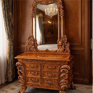 Classic wooden <b>dressing</b> <b>table</b> with three-paneled mirror, ornate gold finish, and drawers, available at wholesale prices. - Product Image 2