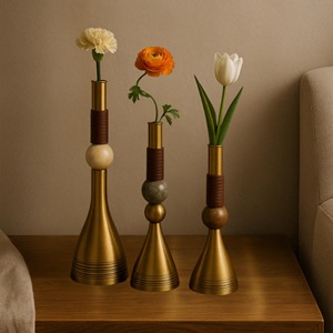 <b>Set</b> Of <b>3</b> Modern Gold Finished Metal <b>Vase</b> With Wooden Beads Design Decorative Table <b>Vases</b> Ideal For Home Living Room Decor - Product Image 1