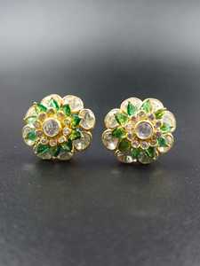 925 Sterling <b>Silver</b> Polki <b>Stud</b> Earrings Nano Green Flower Shape Indian Jewelry for Women - Product Image 1