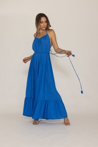 Nouvelle Arrivée Robe Formelle Longue Écologique Bleue 100% Coton à Col Halter Coupe Trapèze Taille Naturelle pour Femme - Product Image 5