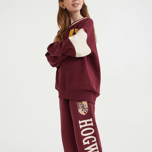 Ensemble de survêtement pour filles, imprimé lettres Hogwarts, couleur marron, col rond, manches longues, vêtements décontractés d'automne, coupe ample, 100% coton - Product Image 1