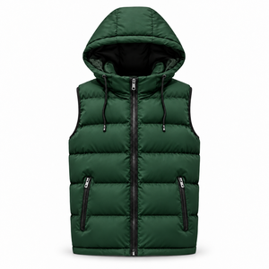 Men's Dark Green <b>Hooded</b> Canvas Windproof Casual Puffer Vest Zip-Up Sleeveless Winter <b>Gilet</b> Cotton Filled - Product Image 1
