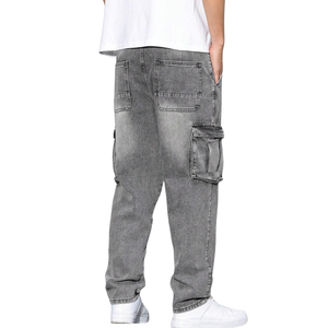 Mens Solid <b>Light</b> Grey Denim Cargo Pants Loose Fit Mid Waist Multi Pocket Casual Washed Utility Jeans - Product Image 2