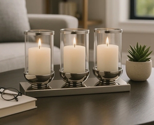 Base en métal nickel argenté de luxe avec 3 porte-bougies cylindriques en verre transparent amovibles pour centre de table moderne et élégant - Product Image 3