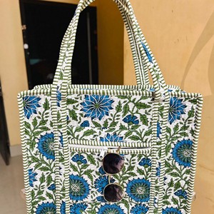 Sac fourre-tout matelassé en coton pour femme, imprimé floral, style bohème, fermeture éclair, sac de shopping, motif rayé vert et bleu - Product Image 4