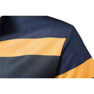 Men's Striped Knitted <b>Polo</b> <b>Shirt</b> Short Sleeve Casual Design <b>Navy</b> Blue and Yellow Pattern Regular Fit - Product Image 4