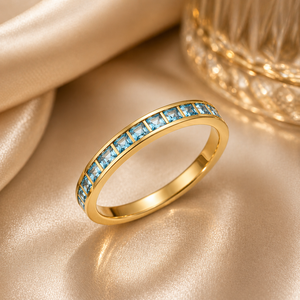 14K Yellow Gold 925 Sterling Silver Blue Topaz Princess Cut Channel <b>Set</b> Stackable Band <b>Ring</b> <b>Women</b> Fine Jewelry - Product Image 4