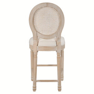 Set of 2 French Country <b>Bar</b> <b>Stools</b> <b>Wooden</b> with Rattan Back & Beige Upholstered Seating Natural Color - Product Image 5