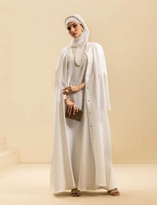 Ensemble Abaya pour femmes musulmanes, en fibre de polyester, avec voile blanc en tissu fantaisie, manches longues, devant ouvert, longueur au sol, coupe droite, style saoudien modeste - Product Image 3