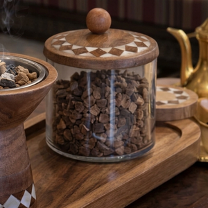 เตาเผาบัคฮูร์ไม้หรูหราทำมือขายดี พร้อมลายโมปอินเลย์ ตกแต่งสวยงาม พร้อมขวดแก้วและถาด สำหรับเป็นของขวัญในช่วงรอมฎอนและอีด - Product Image 4