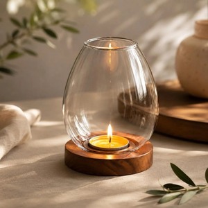 Pot à bougie rond en verre avec base en bois, résistant à la chaleur, porte-bougie chauffe-plat pour la décoration de la maison - Product Image 2