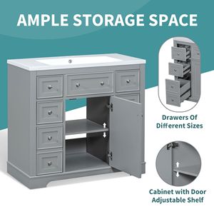 Mobile da Bagno Grigio da 36 Pollici Senza Lavabo con Base e Un Armadietto e Sei Cassetti - Product Image 3