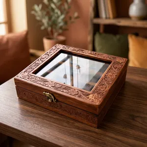 Boîte à épices en bois artisanale avec couvercle et cuillère, organisateur d'épices de cuisine à 9 compartiments, conteneur de rangement pour épices en bois - Product Image 6